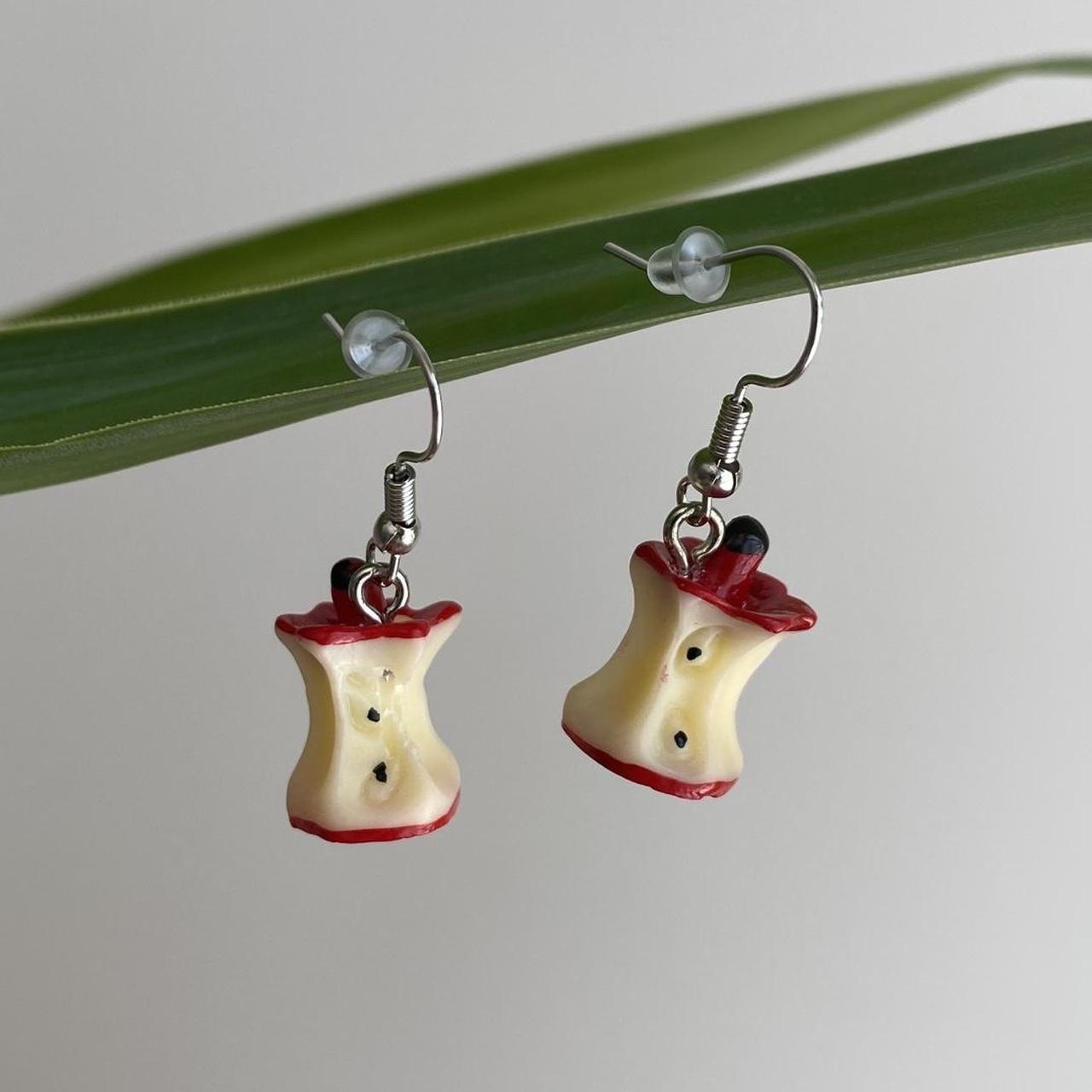 Eaten Red Apple Core Dangle Earrings With Silver