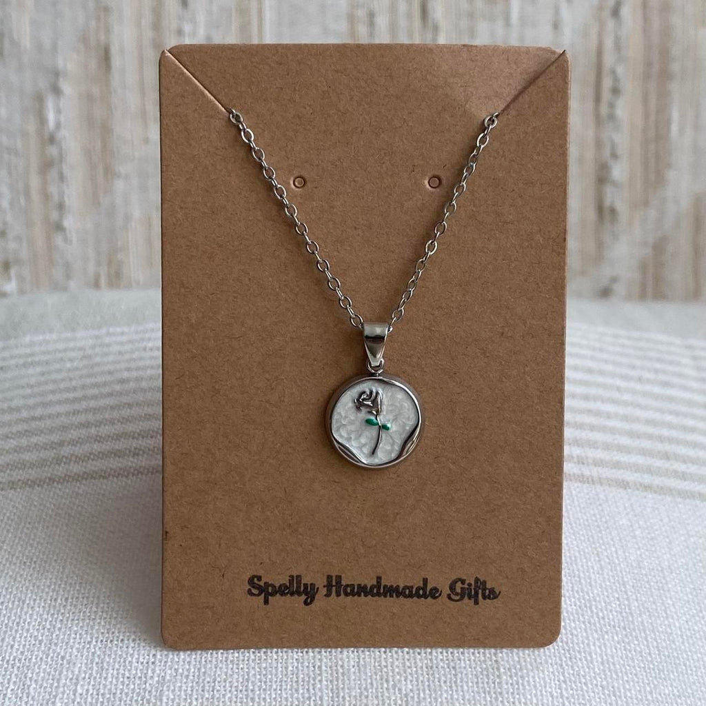 White Enamel Rose In Circle Pendant Chain Necklace - Image 3