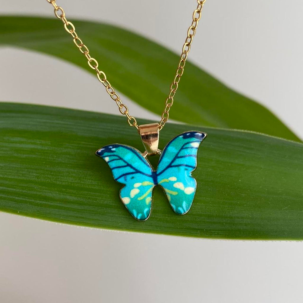 Blue Turquoise Butterfly Enamel Pendant Chain