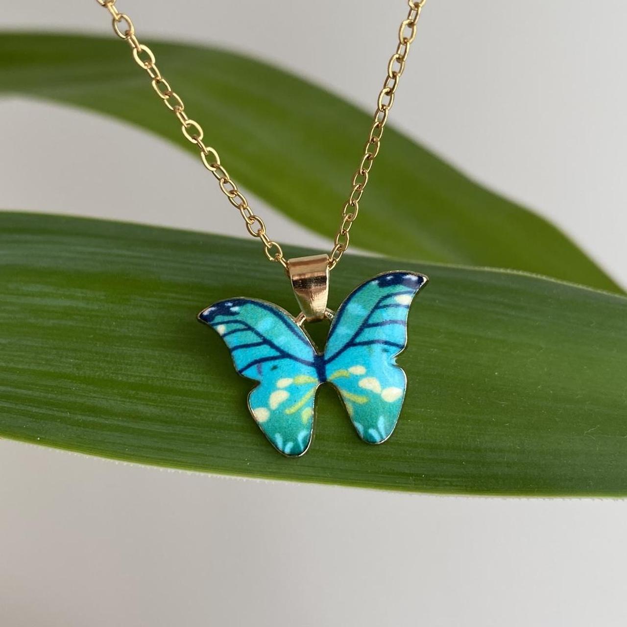 Blue Turquoise Butterfly Enamel Pendant Chain