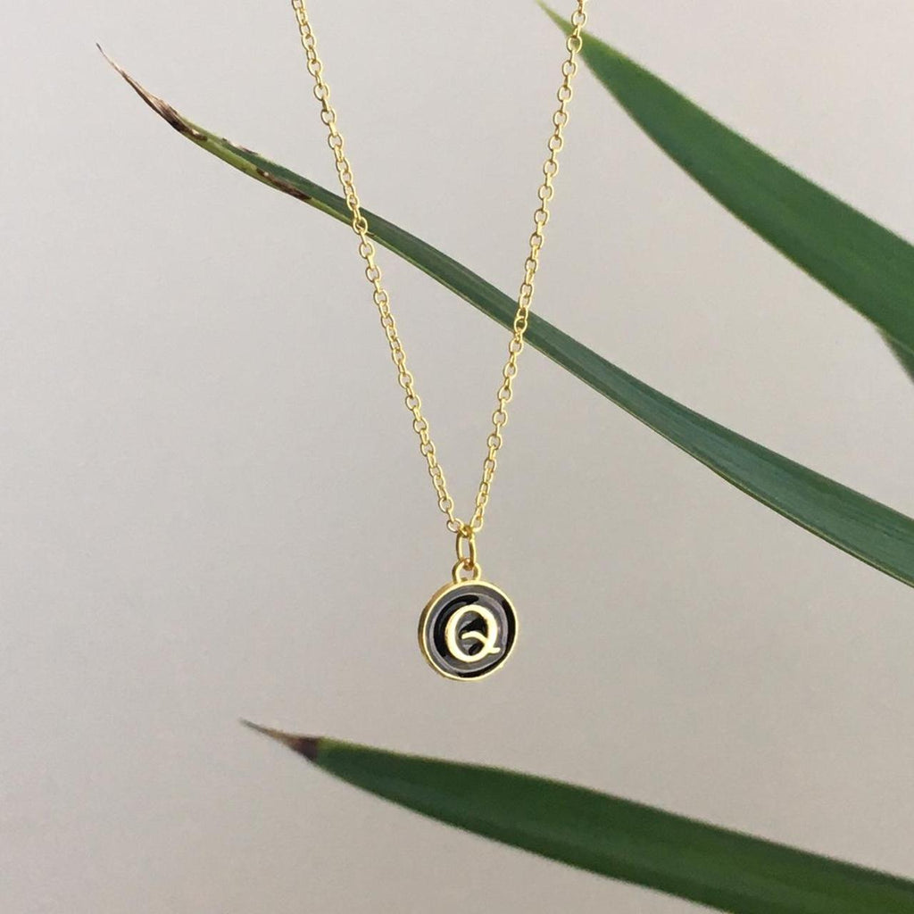 Letter Q Initial Black Enamel Pendant Chain