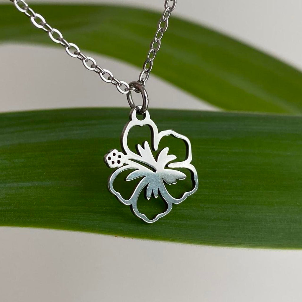 Tropical Silver Hibiscus Flower Pendant Chain