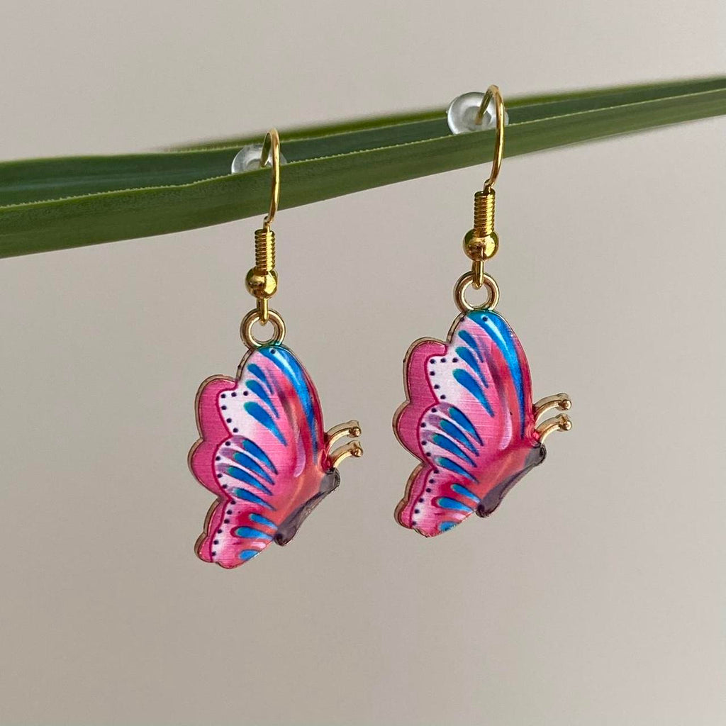 Hot Pink And Blue Butterfly Enamel Dangle Earrings - Image 3