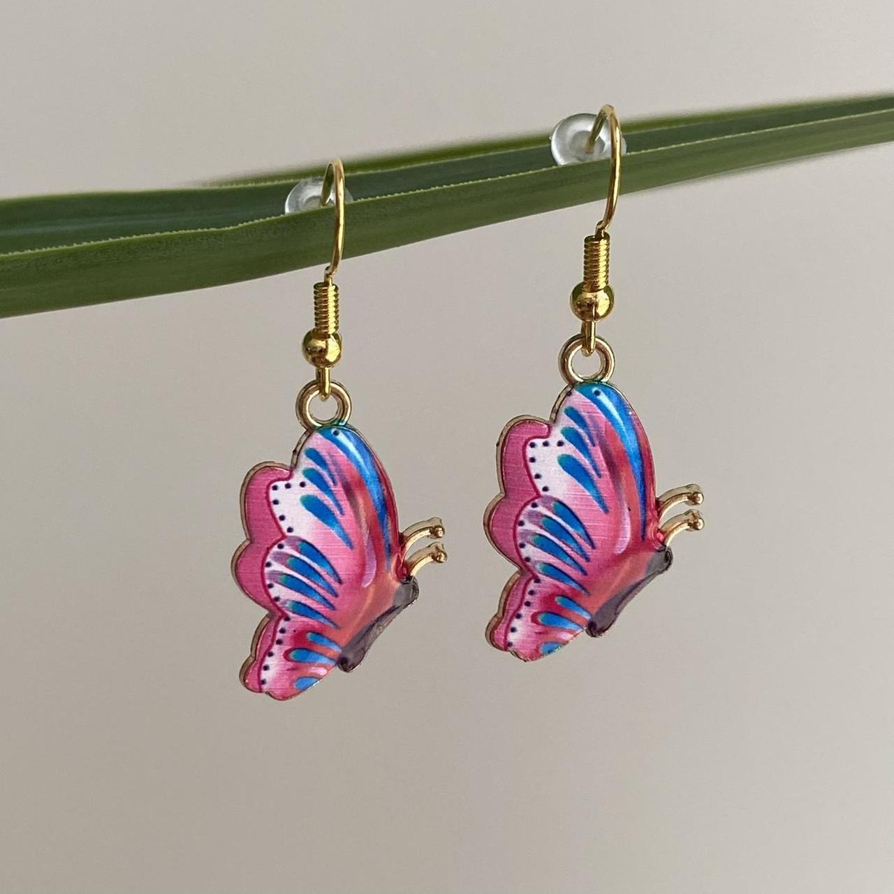 Hot Pink And Blue Butterfly Enamel Dangle Earrings - Image 3