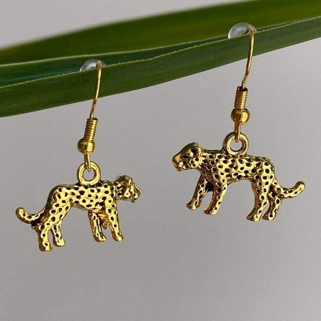 Gold Leopard Dangle Earrings Hand Made Pendant