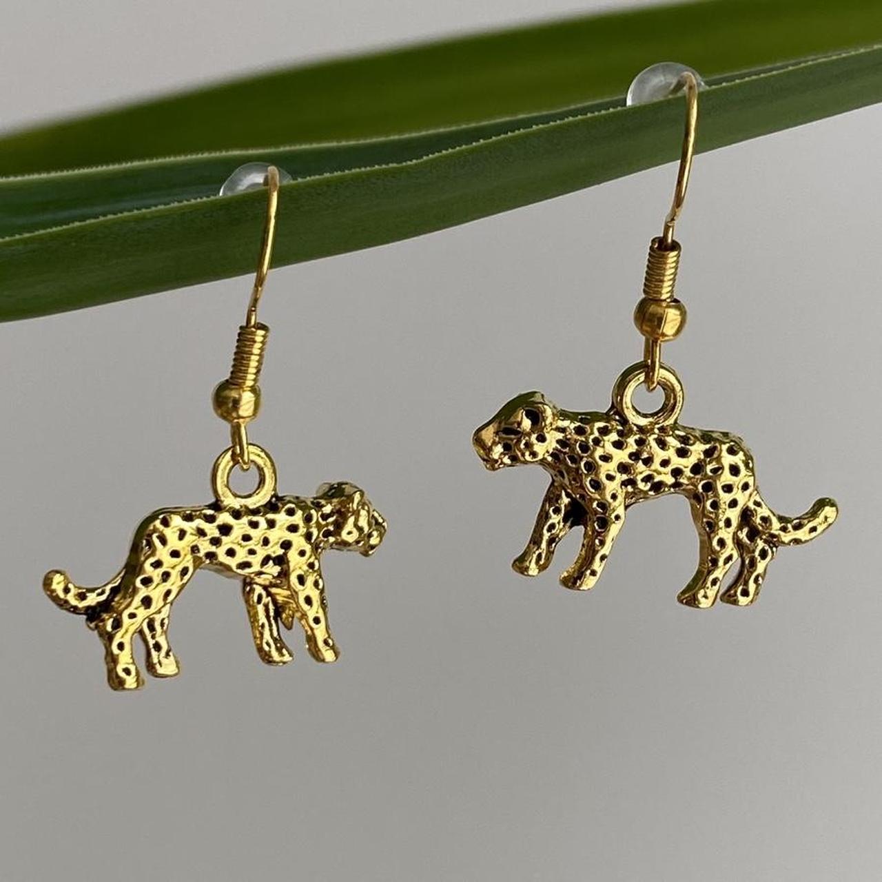 Gold Leopard Dangle Earrings Hand Made Pendant