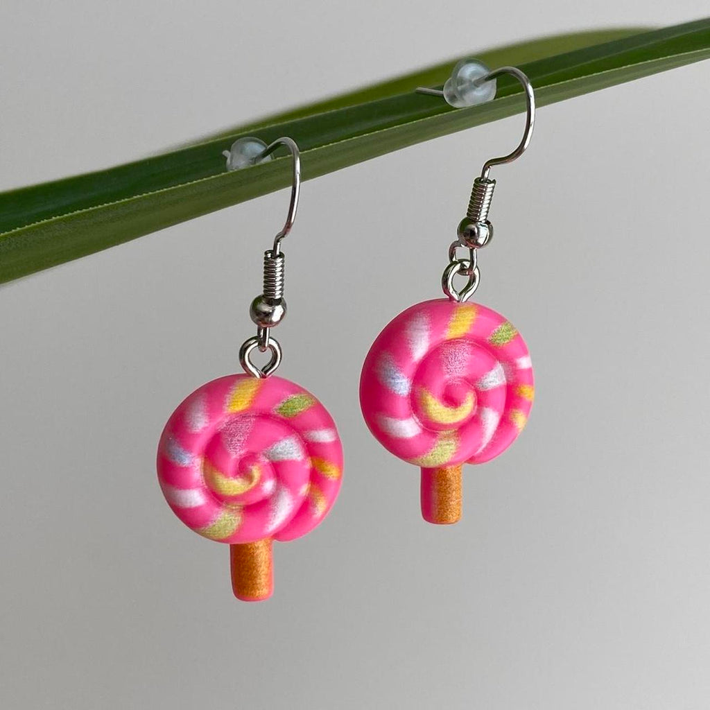 Pink Swirly Lollipop Dangle Earrings With Silver