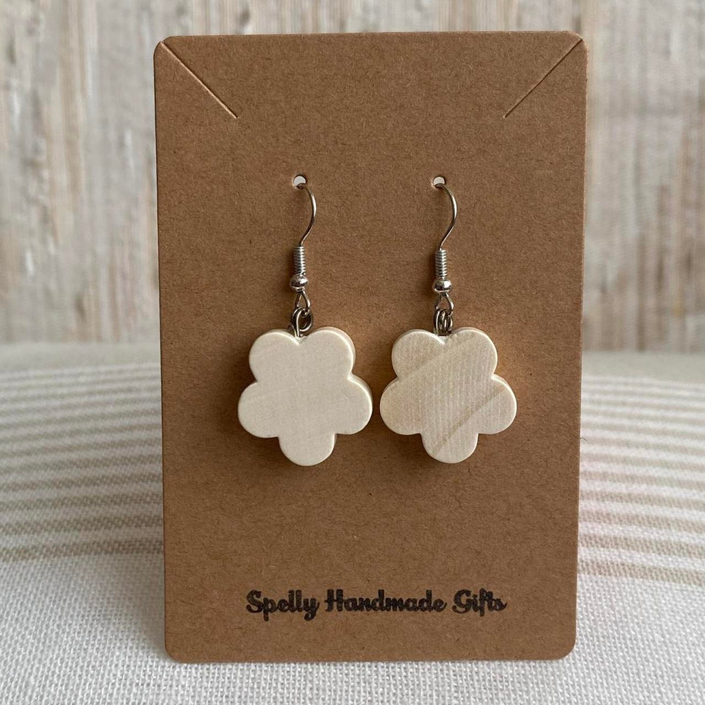 Wooden Flower Dangle Earrings With Silver Accents - Image 3