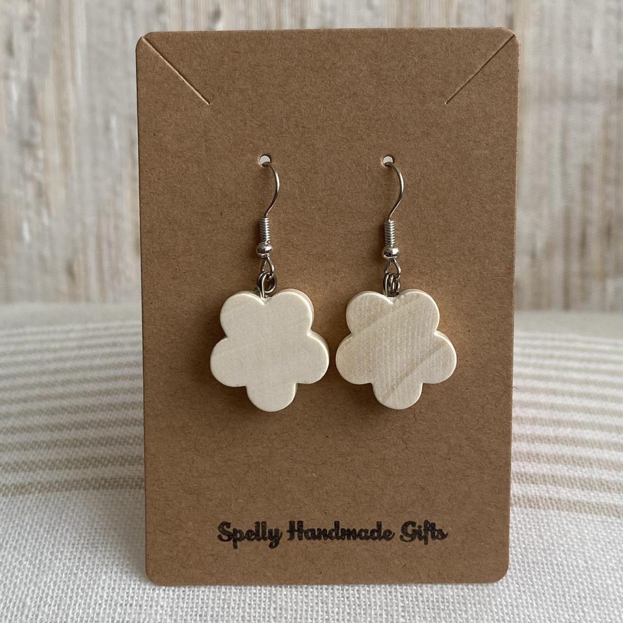 Wooden Flower Dangle Earrings With Silver Accents - Image 3