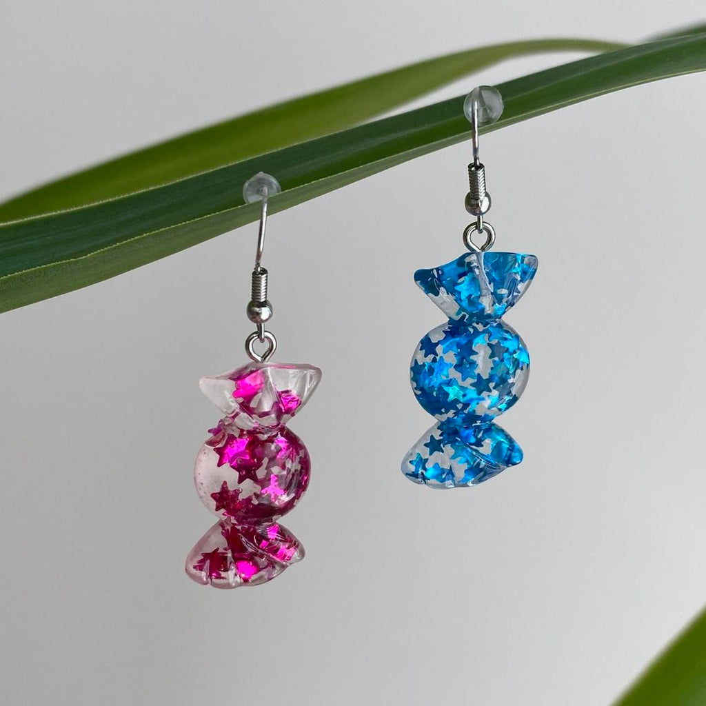 Sparkly Resin Pink And Blue Candy Dangle Earrings