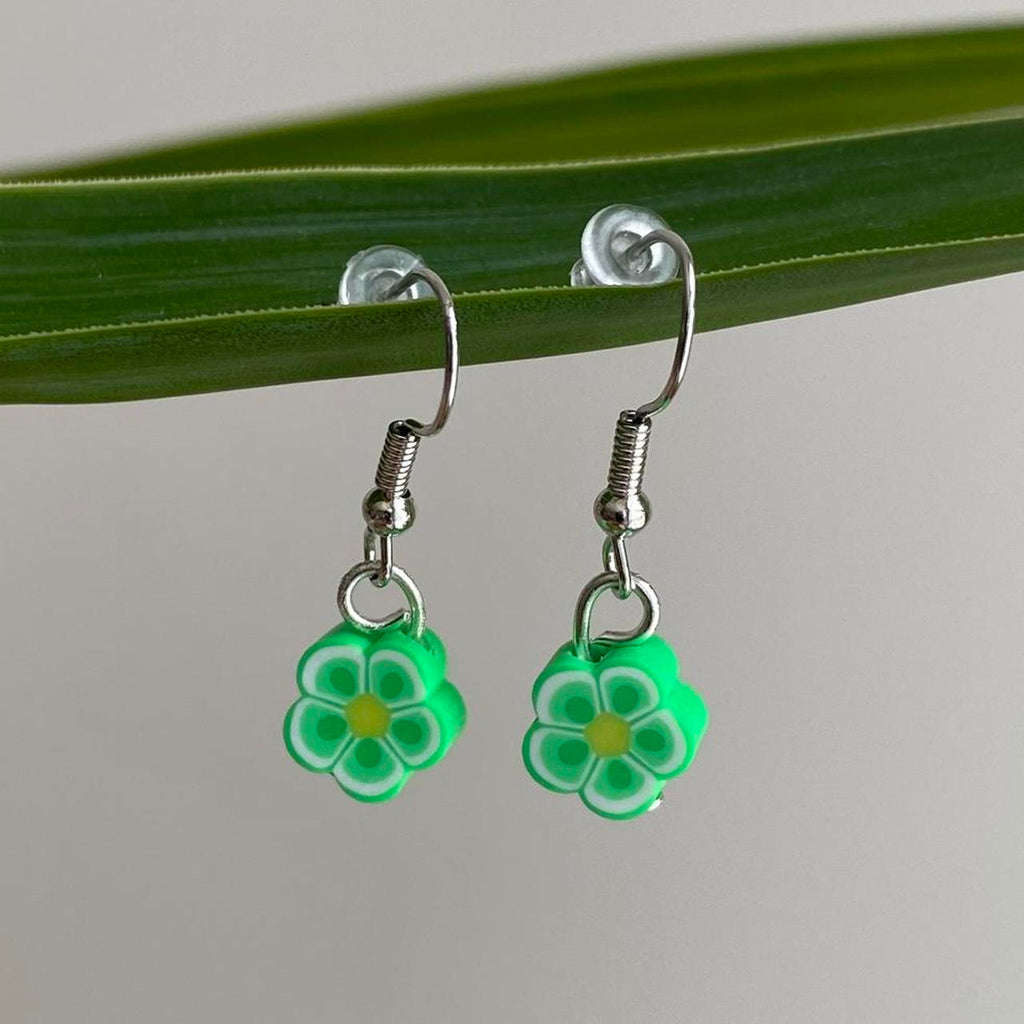 Green Tropical Flower Polymer Clay Dangle Earrings
