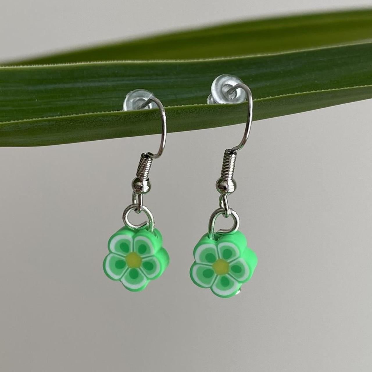 Green Tropical Flower Polymer Clay Dangle Earrings