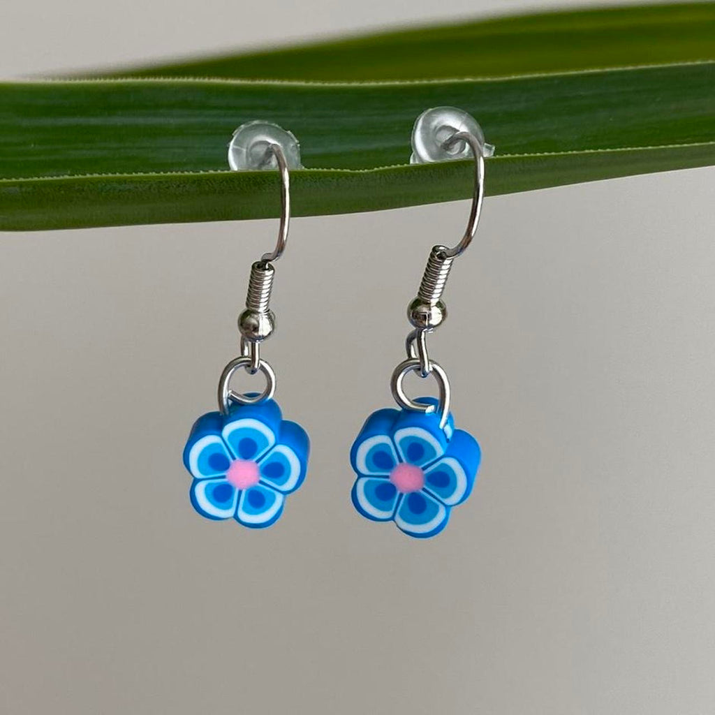 Blue Tropical Flower Polymer Clay Dangle Earrings
