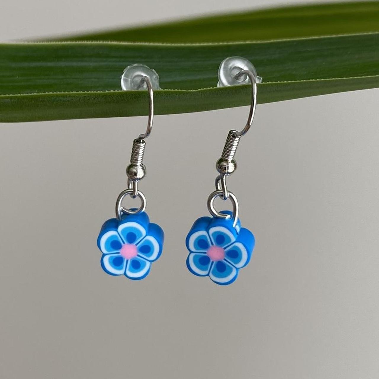 Blue Tropical Flower Polymer Clay Dangle Earrings