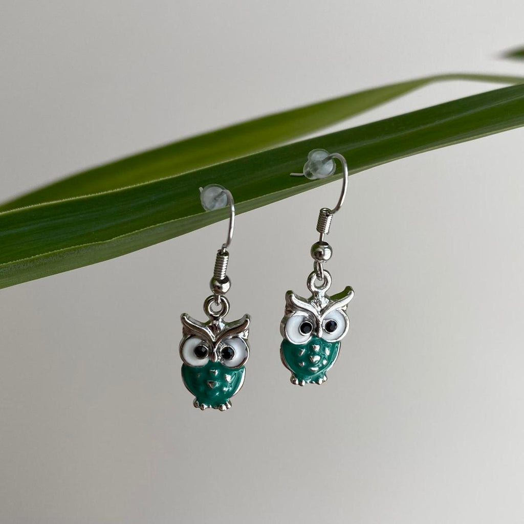 Blue Turquoise Owl Dangle Earrings With Silver - Image 2