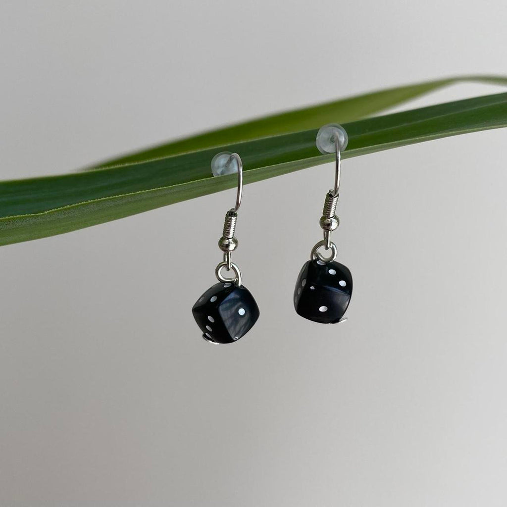 Black Game Dice Dangle Earrings With Silver Accents - Image 3