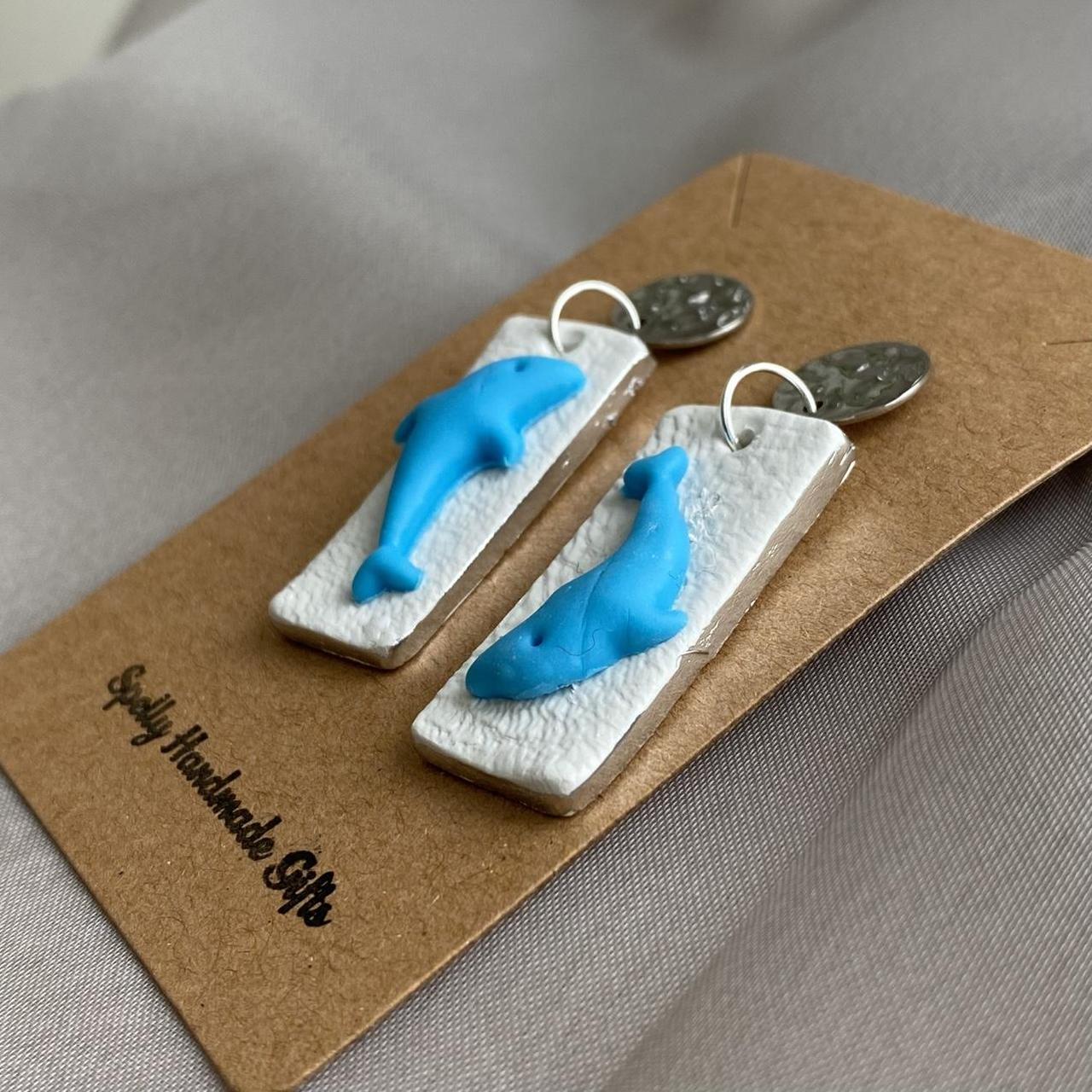Handmade Dolphin Polymer Clay Dangle Stud Earrings - Image 2