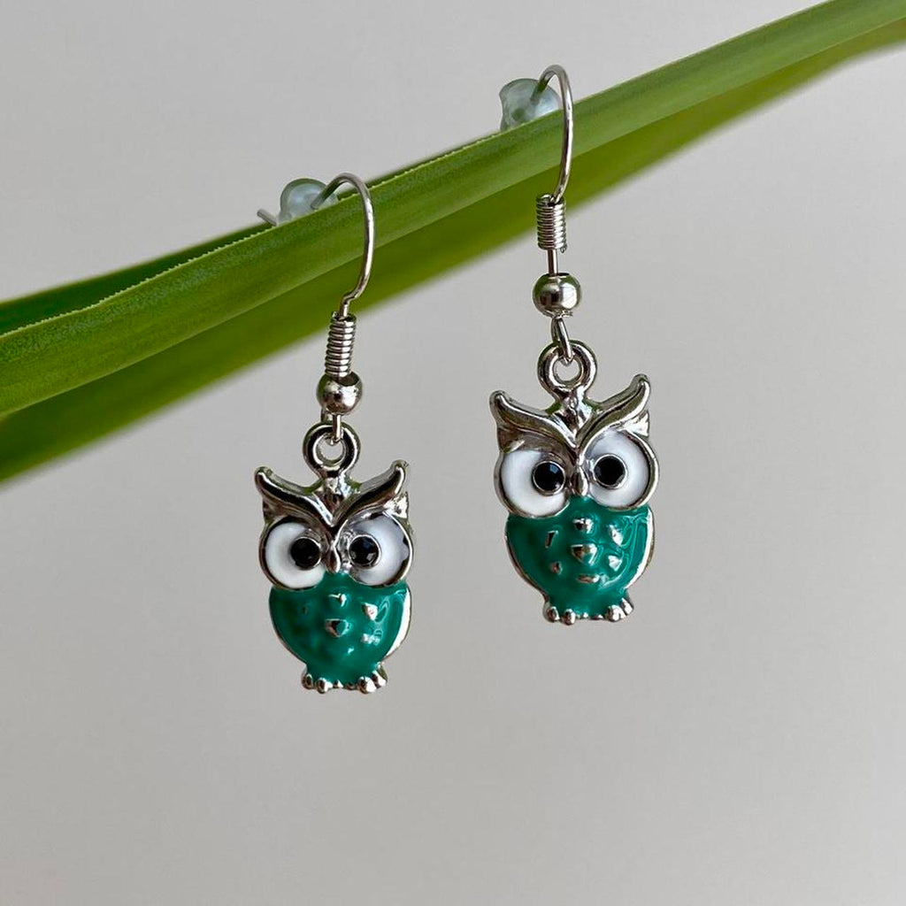 Blue Turquoise Owl Dangle Earrings With Silver