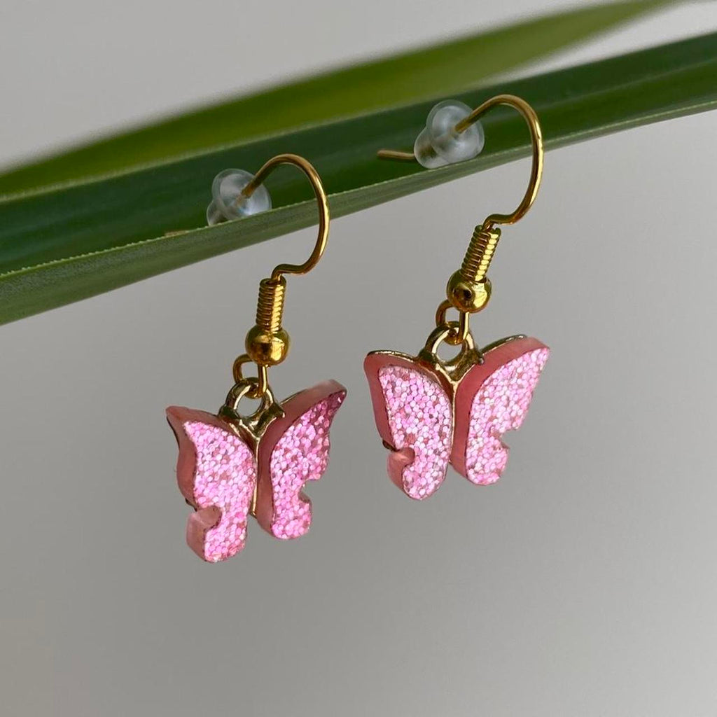 Light Pink Sparkle Butterfly Dangle Earrings With