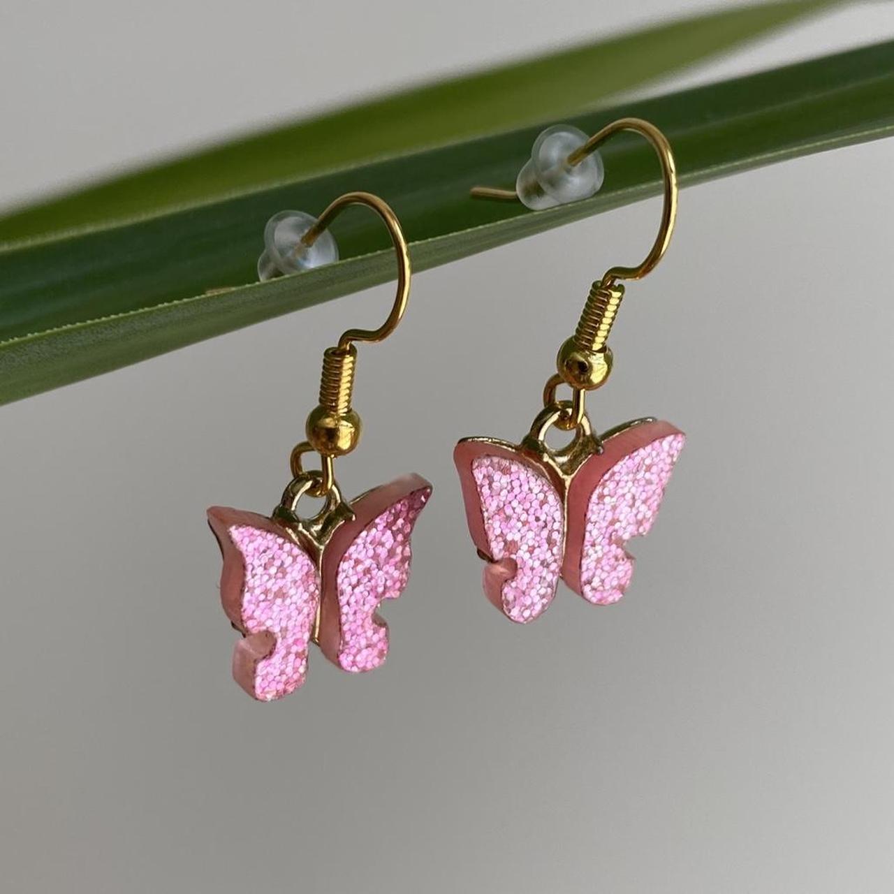 Light Pink Sparkle Butterfly Dangle Earrings With