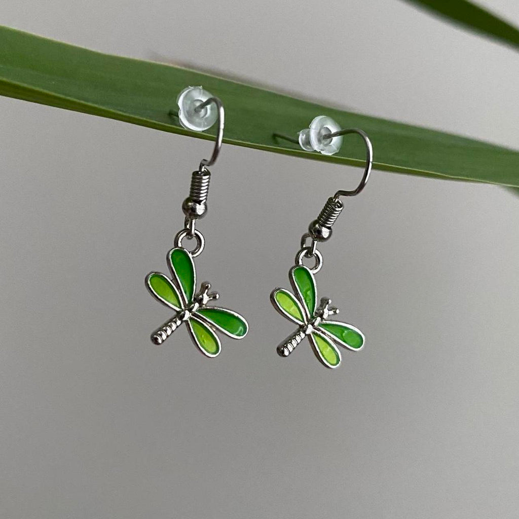Green Dragon Fly Dangle Earrings With Silver - Image 4
