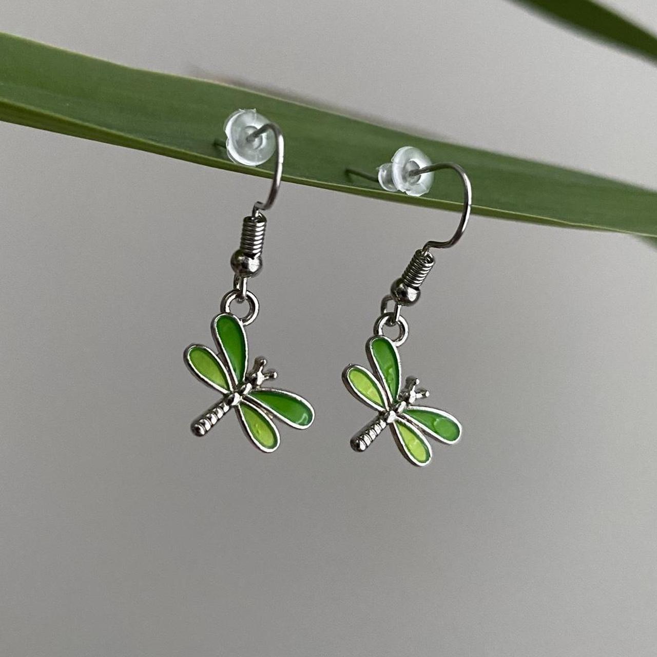 Green Dragon Fly Dangle Earrings With Silver - Image 4