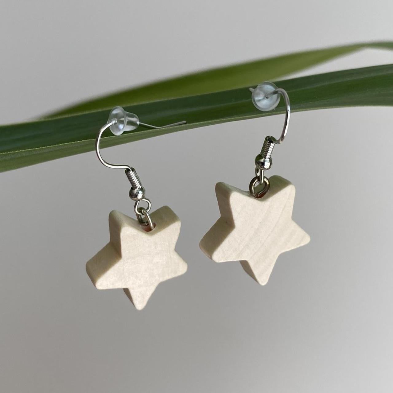 Wooden Star Dangle Earrings With Silver Accents - Image 5