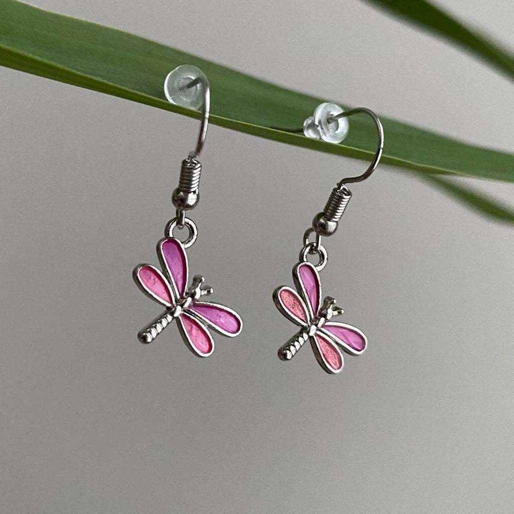 Pink And Purple Dragon Fly Dangle Earrings With