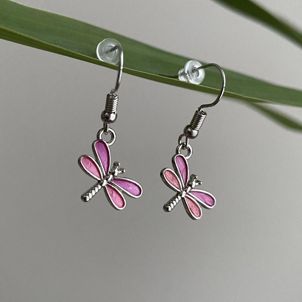 Pink And Purple Dragon Fly Dangle Earrings With
