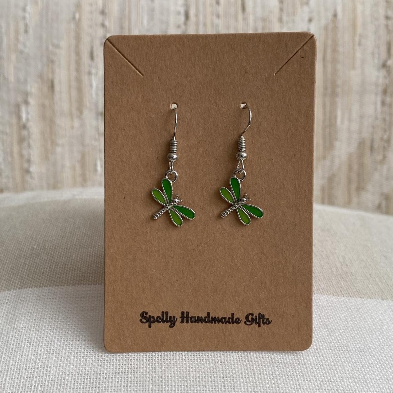 Green Dragon Fly Dangle Earrings With Silver - Image 2