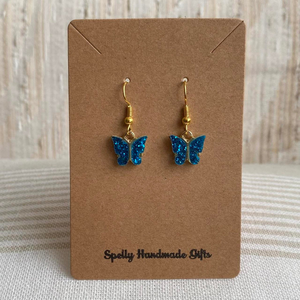 Blue Sparkle Butterfly Dangle Earrings With Gold - Image 3