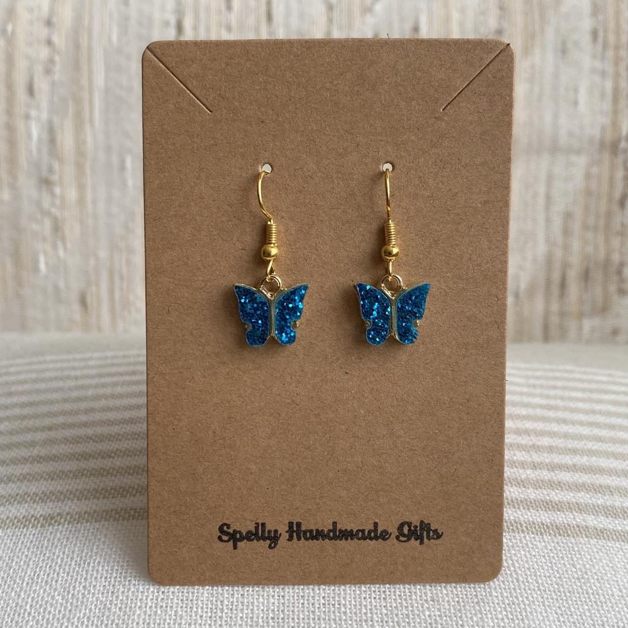 Blue Sparkle Butterfly Dangle Earrings With Gold - Image 3