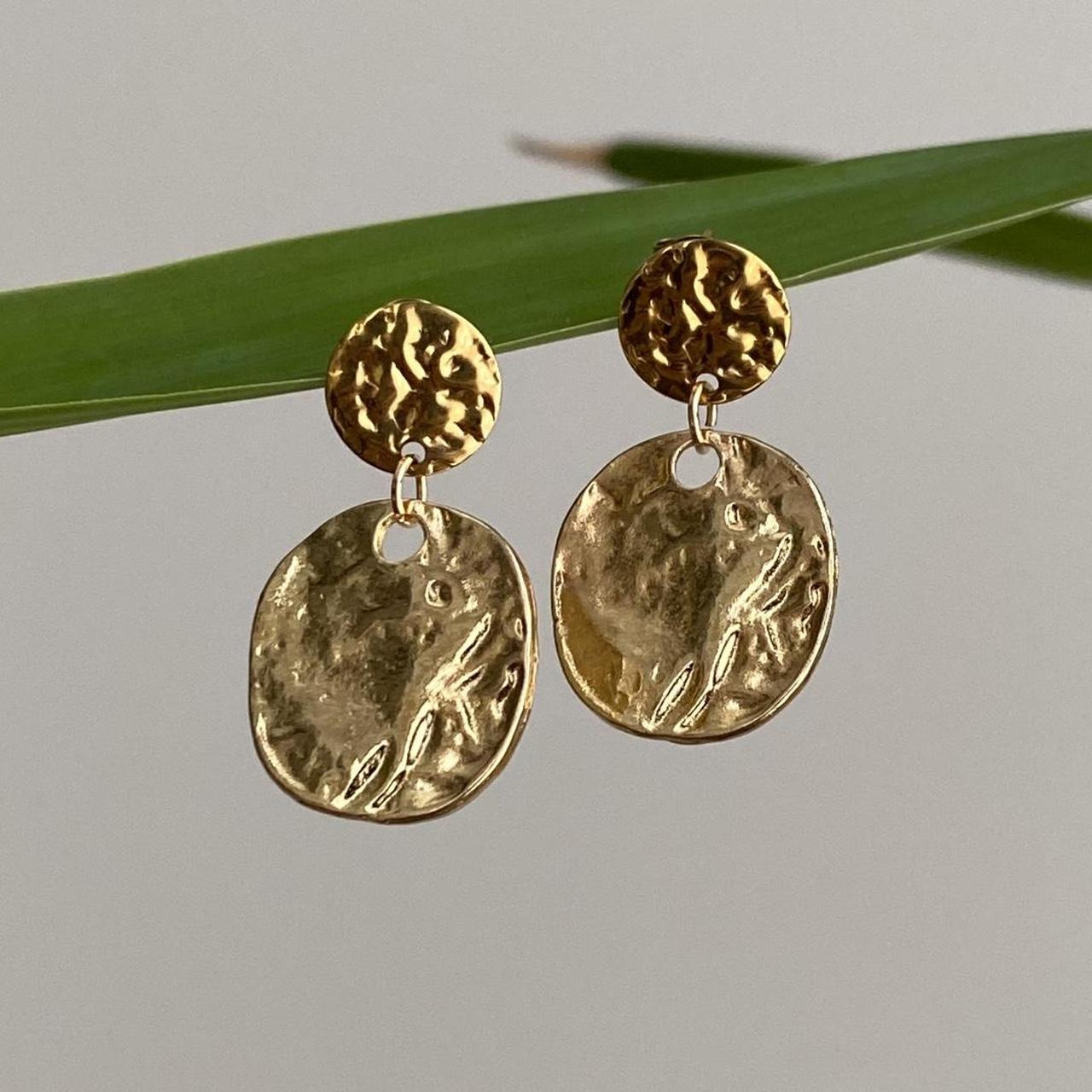 Large Hammered Circle Gold Dangle Stud Earrings