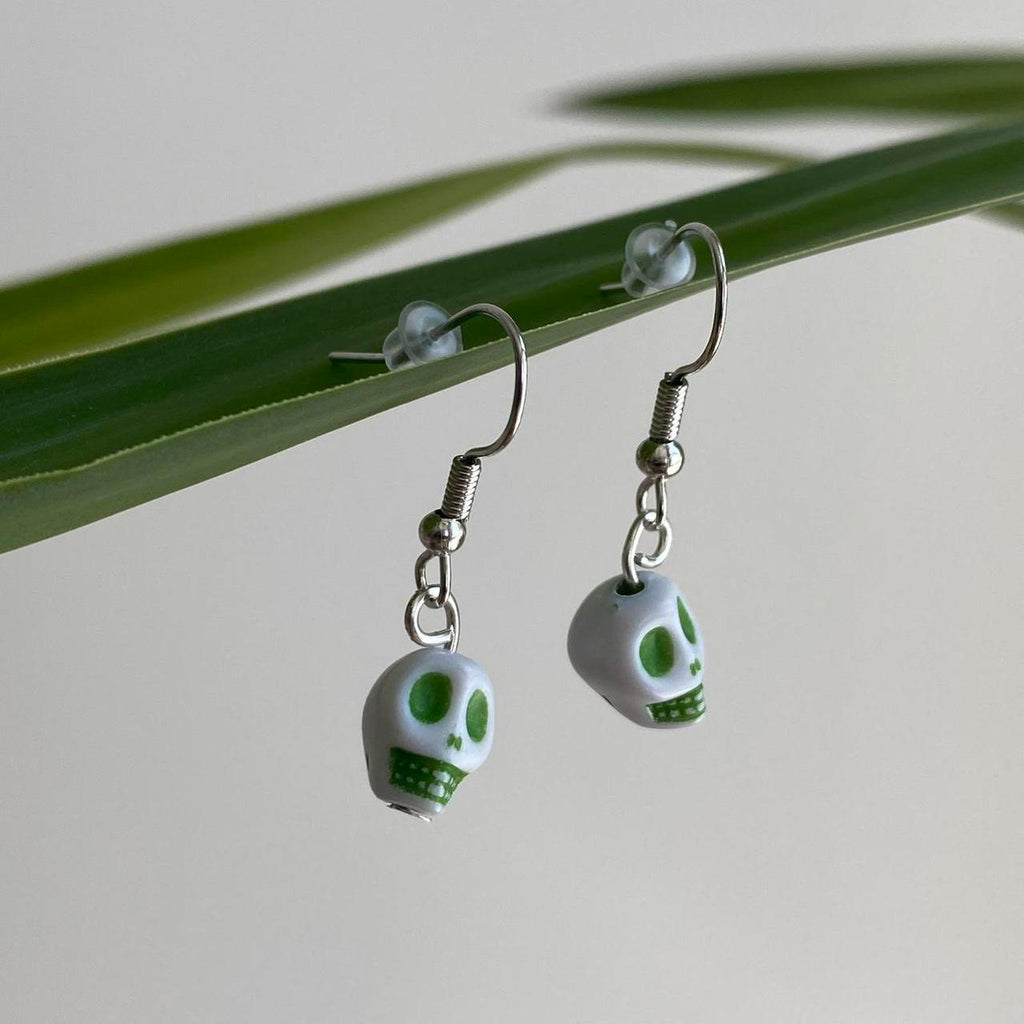 Cinco De Mayo White And Green Skull Dangle Earrings - Image 4