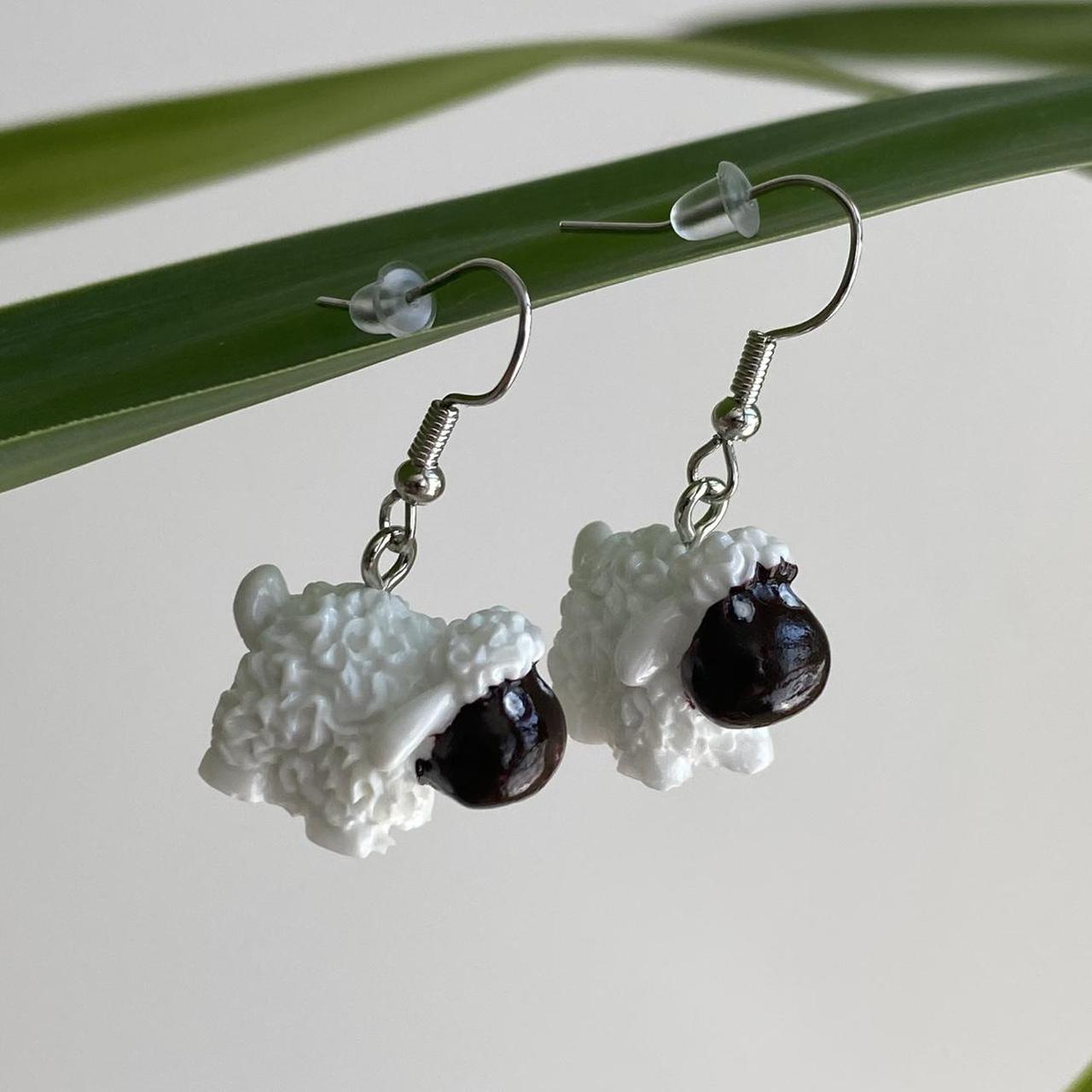 White Lamb Sheep Dangle Earrings With Silver - Image 2