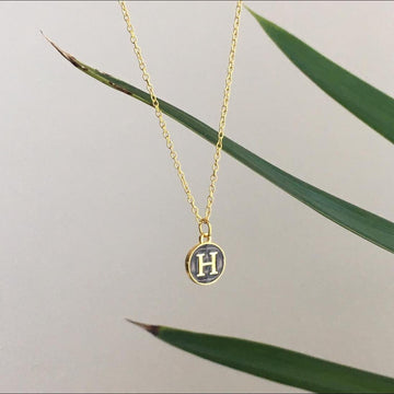 Letter H Initial Black Enamel Pendant Chain