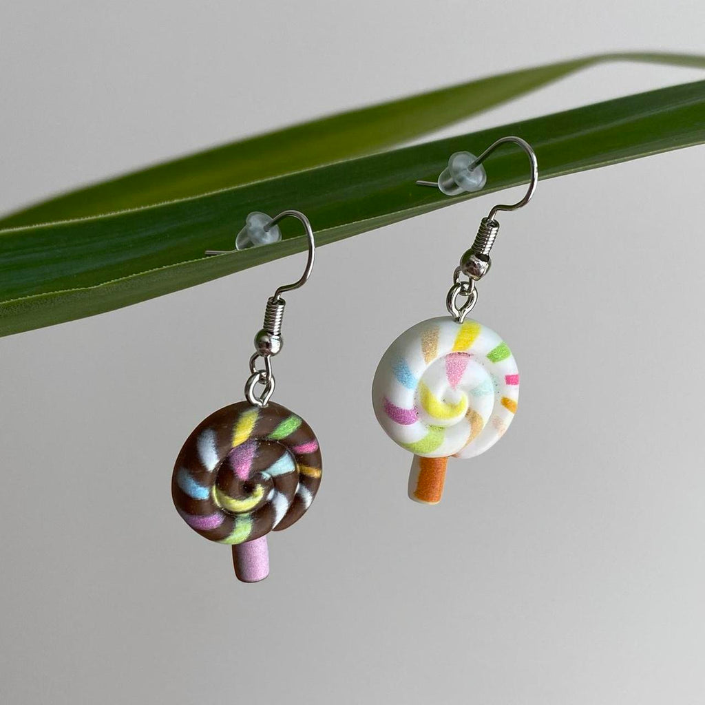 Brown And White Swirly Lollipop Dangle Earrings With - Image 3