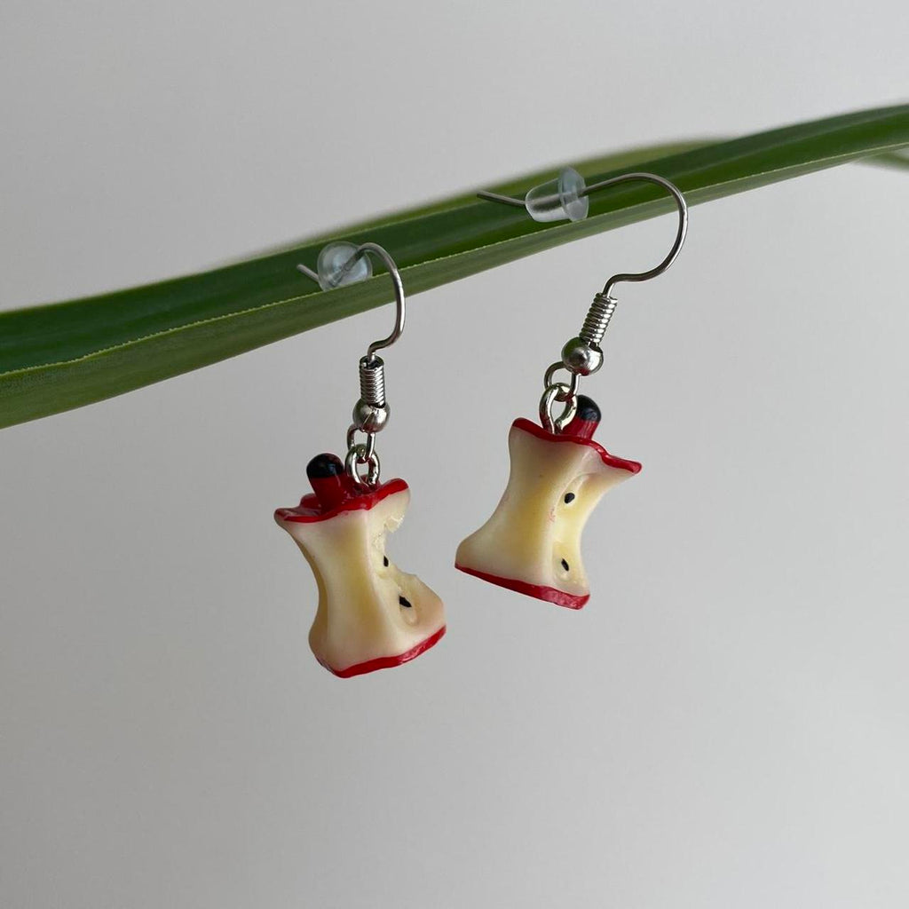 Eaten Red Apple Core Dangle Earrings With Silver - Image 3