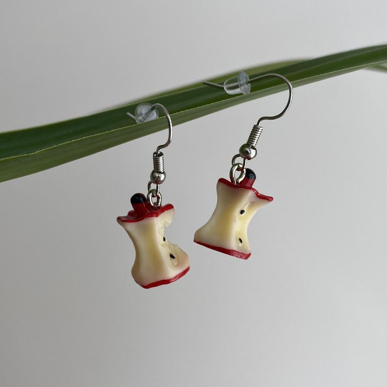 Eaten Red Apple Core Dangle Earrings With Silver - Image 3