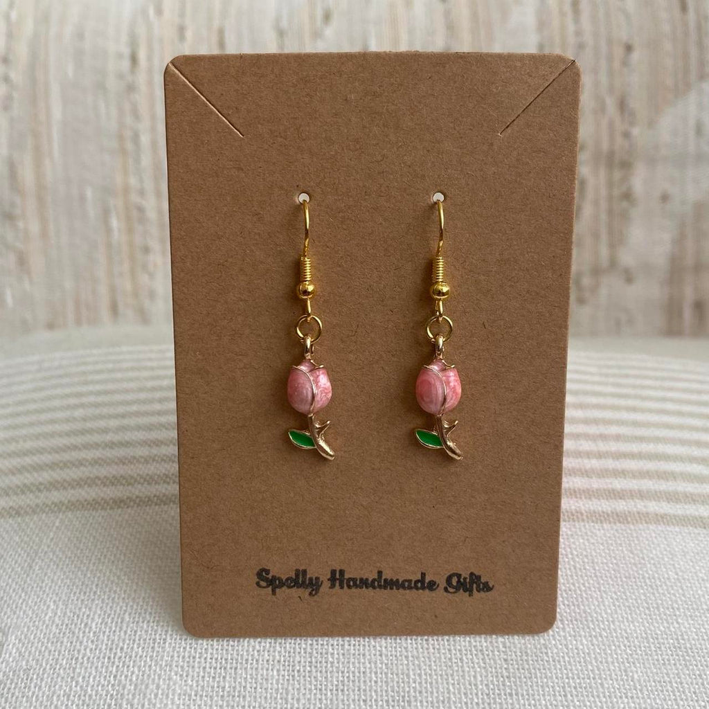 Pink Rose Dangle Earrings With Gold Accents Hand - Image 3
