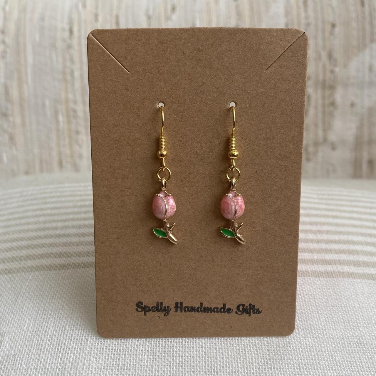 Pink Rose Dangle Earrings With Gold Accents Hand - Image 3
