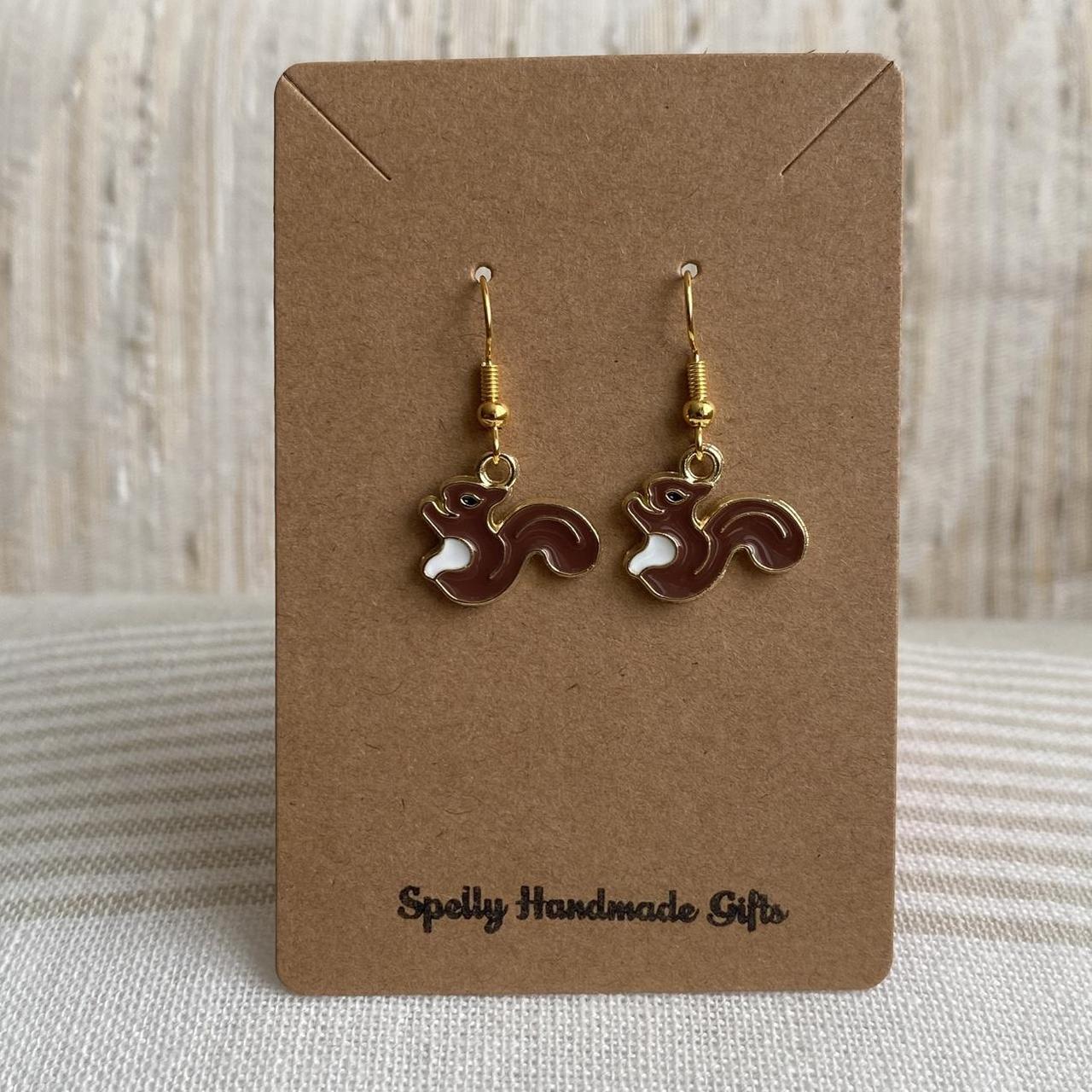 Brown Squirrel Enamel Dangle Earrings With Gold - Image 3