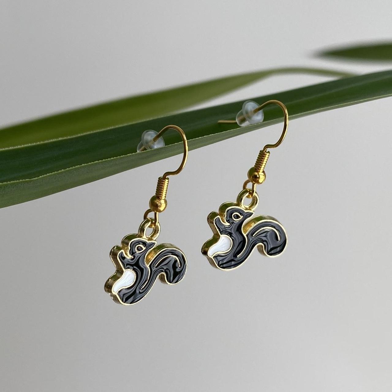 Black Squirrel Enamel Dangle Earrings With Gold - Image 4