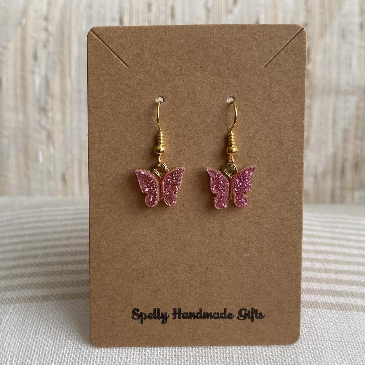 Light Pink Sparkle Butterfly Dangle Earrings With - Image 3