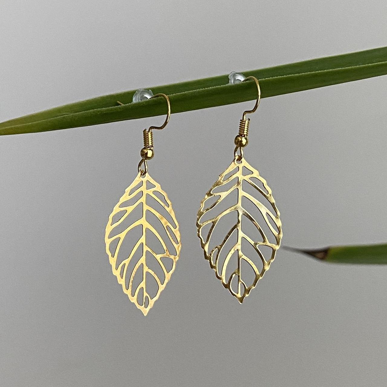 Medium Gold Leaf Dangle Earrings 3 Sizes - Image 3