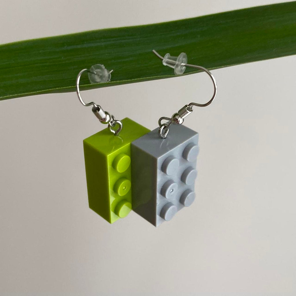 Green And Grey Lego Dangle Earrings With Silver - Image 2