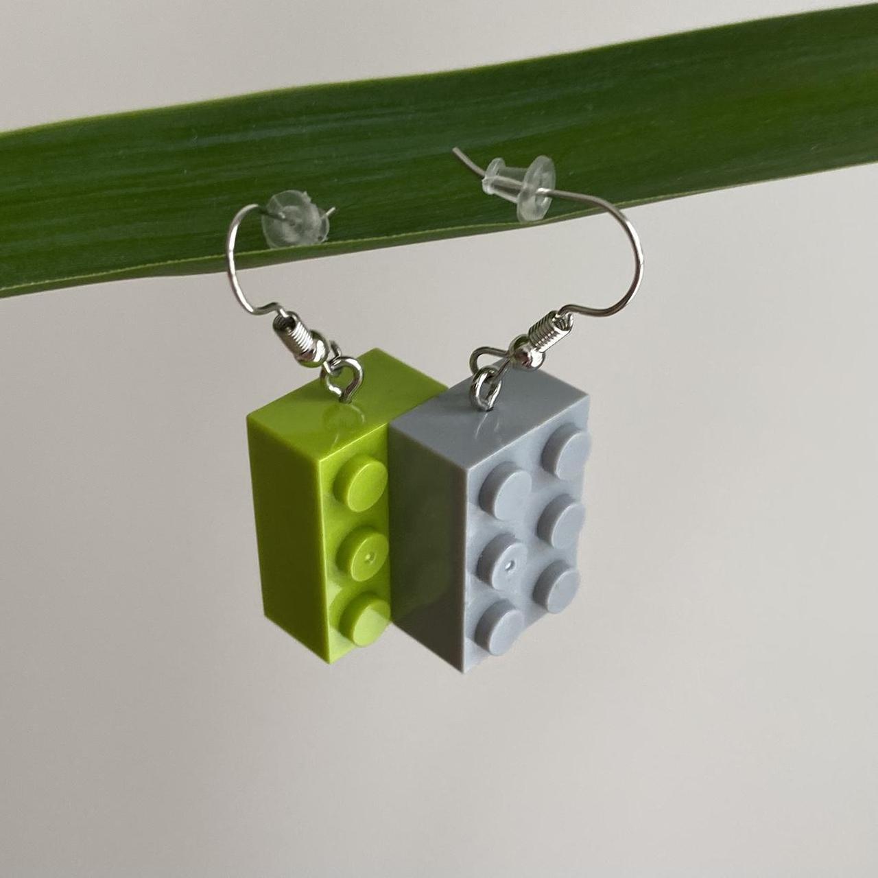 Green And Grey Lego Dangle Earrings With Silver - Image 2