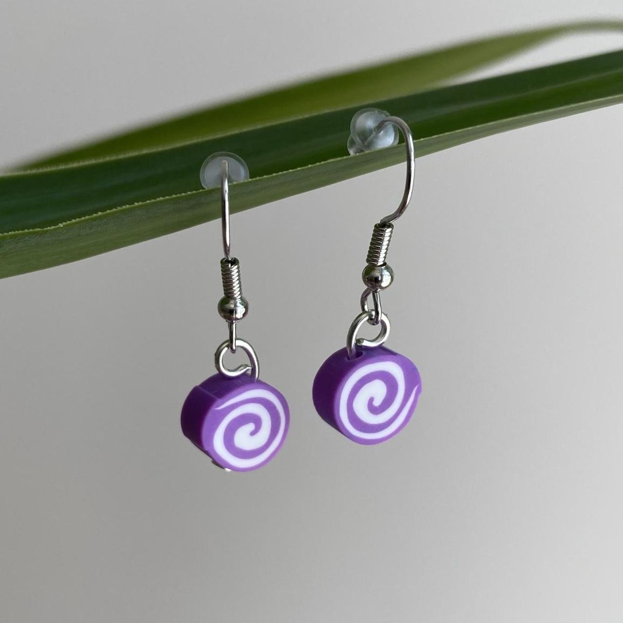 Purple Swirl Candy Disc Polymer Clay Dangle Earrings - Image 4