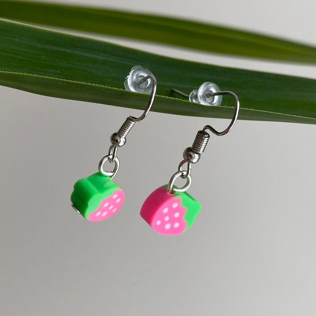 Pink Strawberry Fruit Polymer Clay Dangle Earrings - Image 4