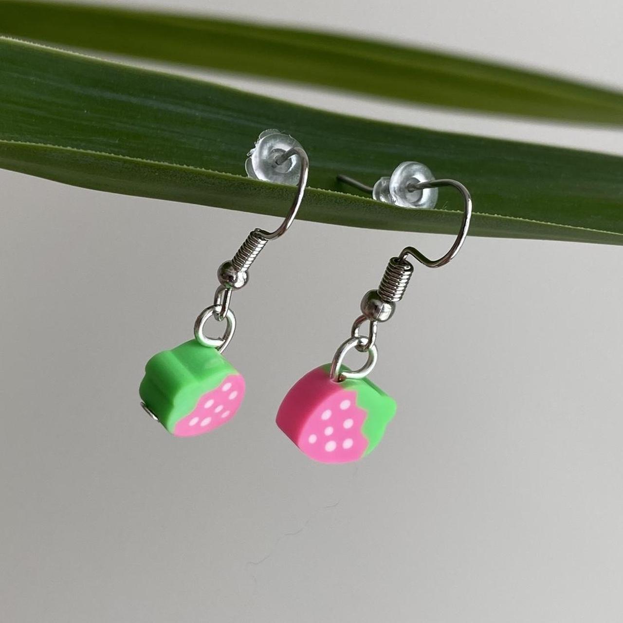 Pink Strawberry Fruit Polymer Clay Dangle Earrings - Image 4